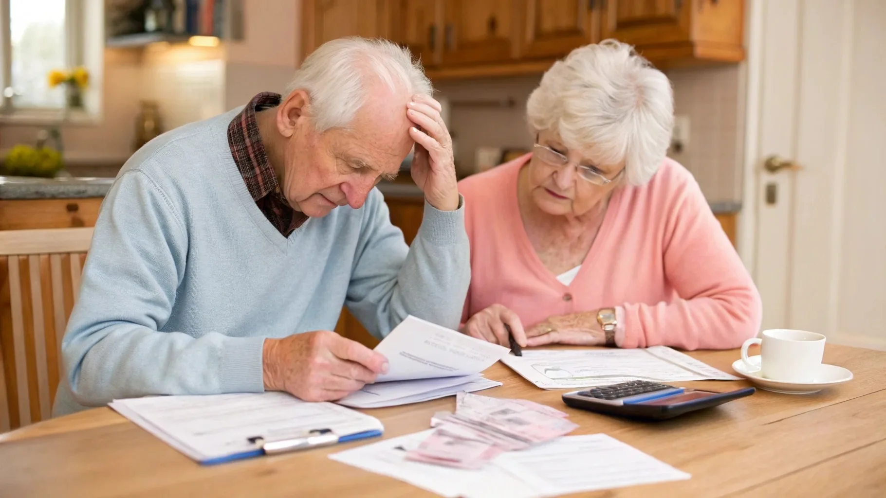 Elderly couple in their 70s sitting together at a kitchen table