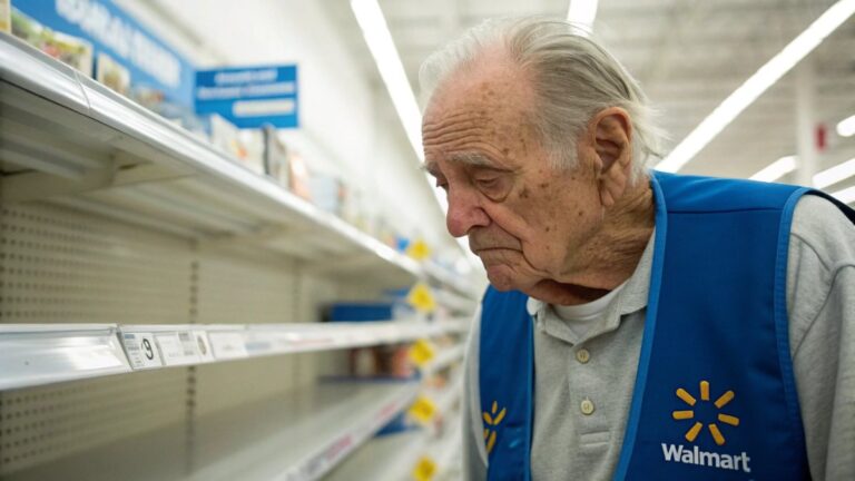 Elderly man in his 70s wearing a Walmart employee vest, looking ti