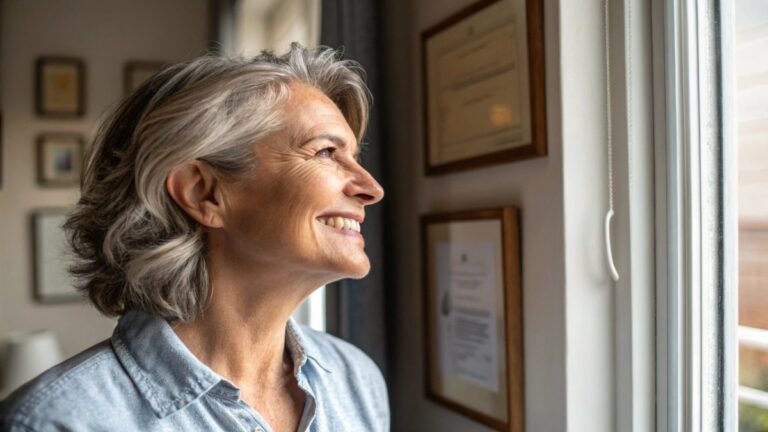 Portrait of a smiling middle-aged woman or man, looking content and