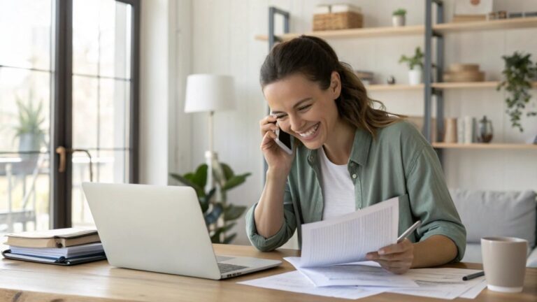 Smiling, hopeful young adult woman sitting at desk in stylish home office