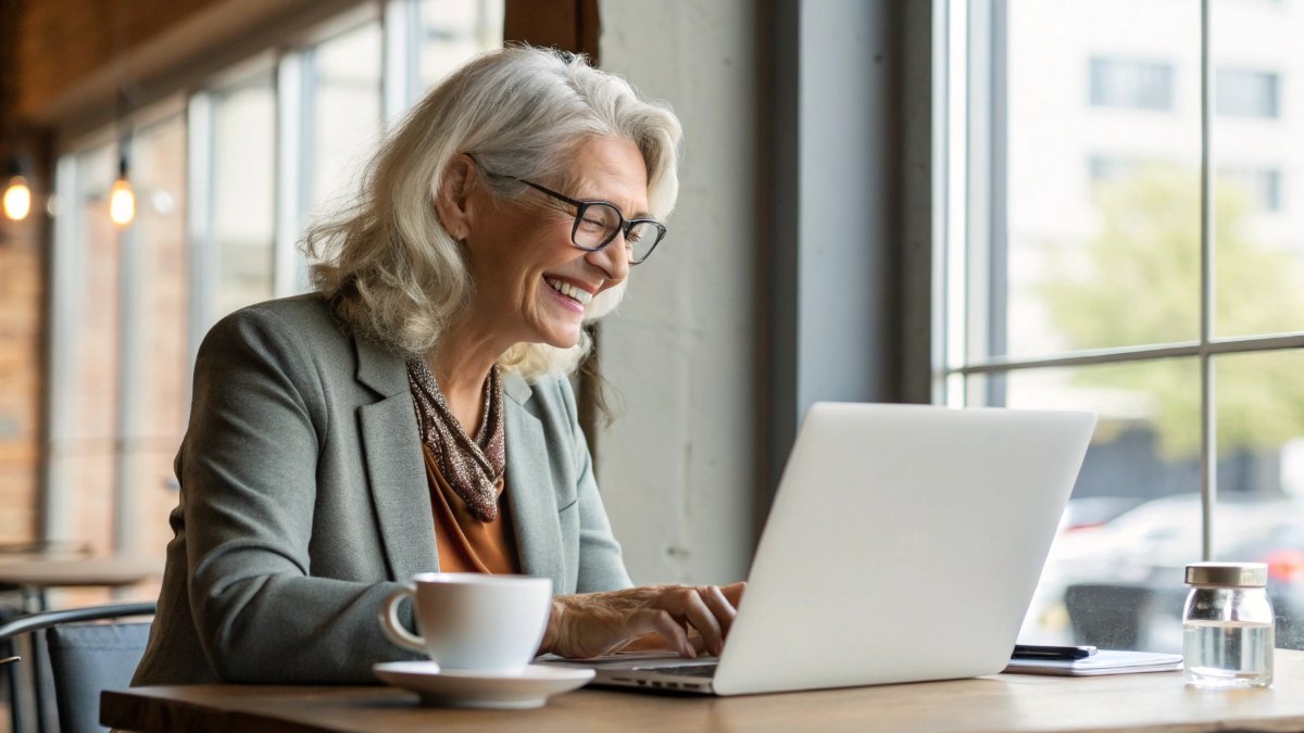 Smiling older woman in her 60s or 70s, looking professional yet approachable