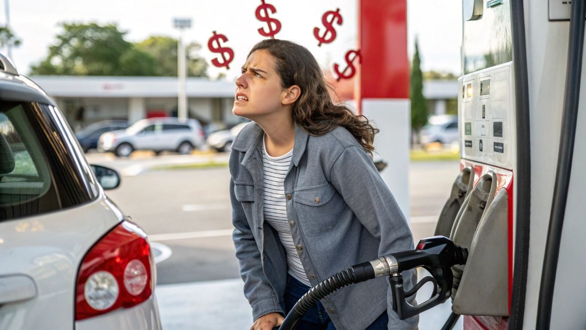 Young adult woman in her 20s at a gas station pump,