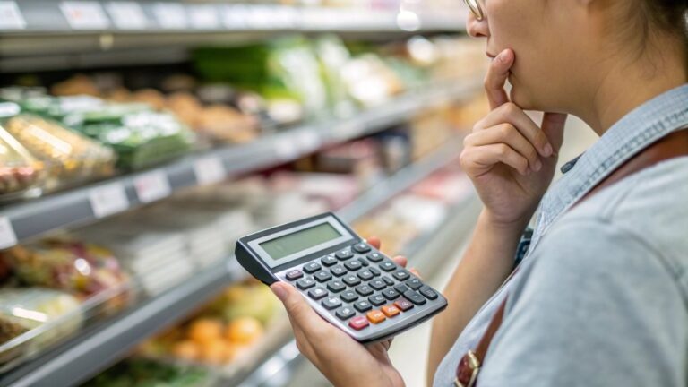 close-up image of a person's hand holding a calculator while standing