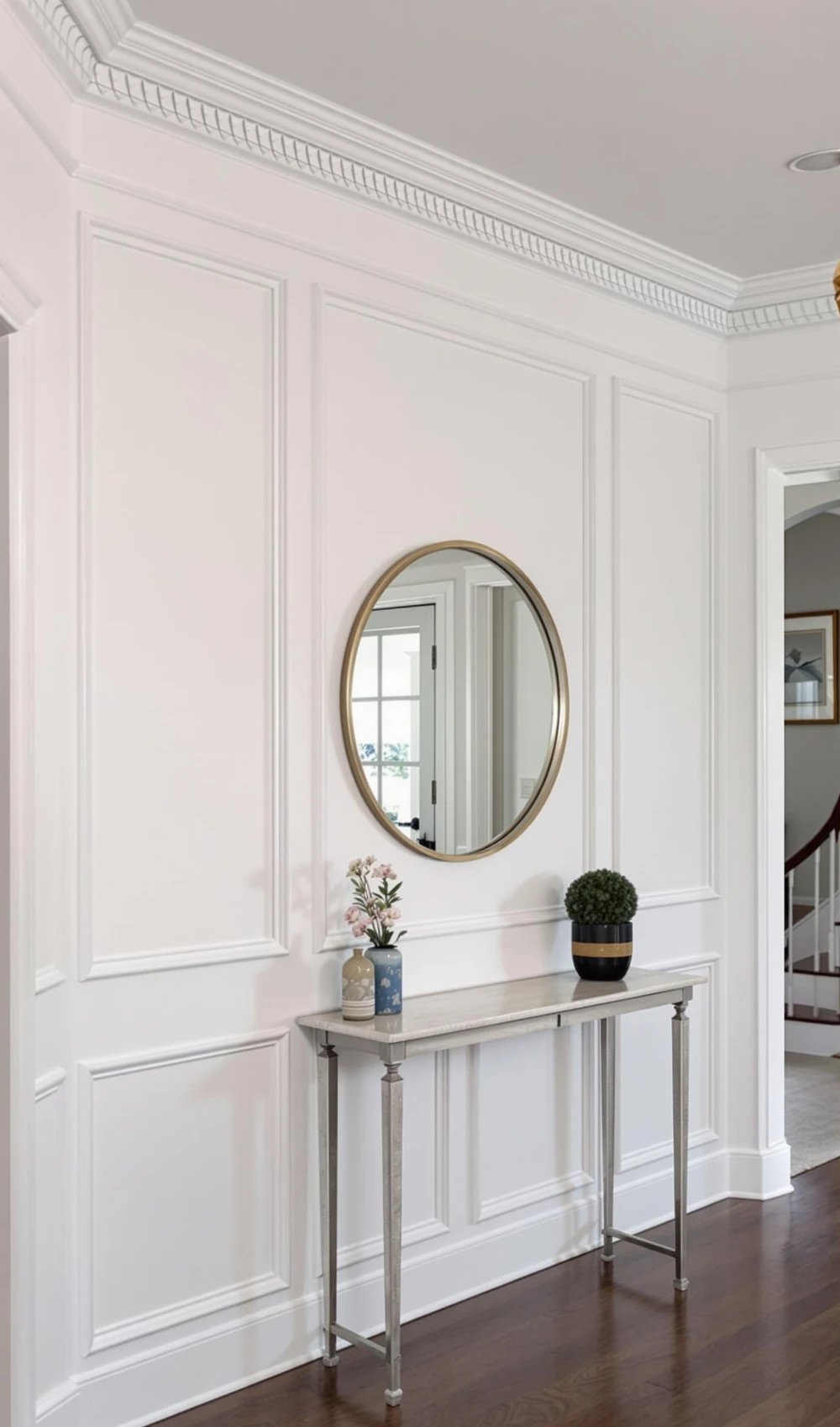 Elegant Wainscoting with Crown Molding and Subtle White Trim