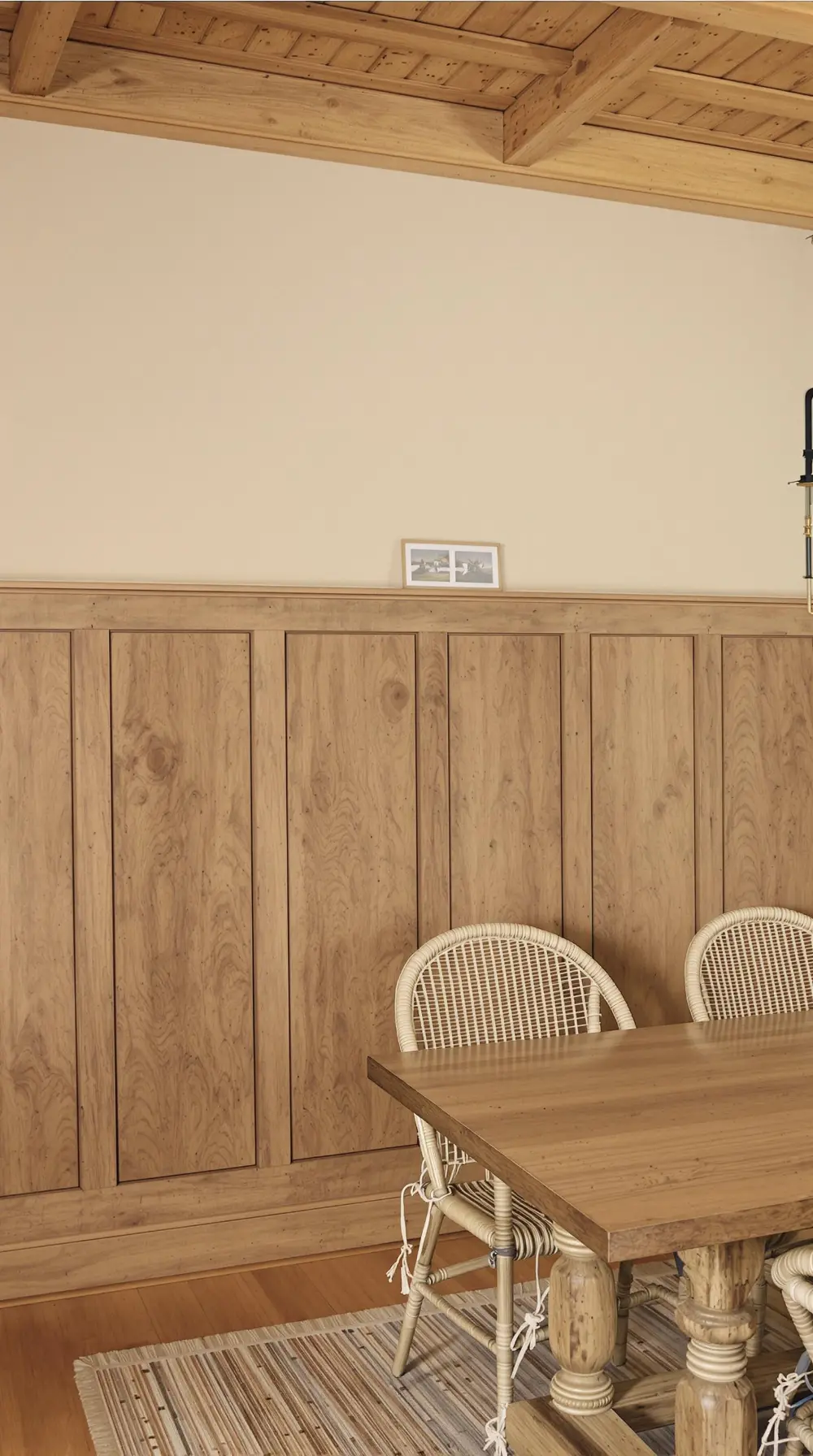 Farmhouse-Inspired Wainscoting with Wooden Beam Ceiling