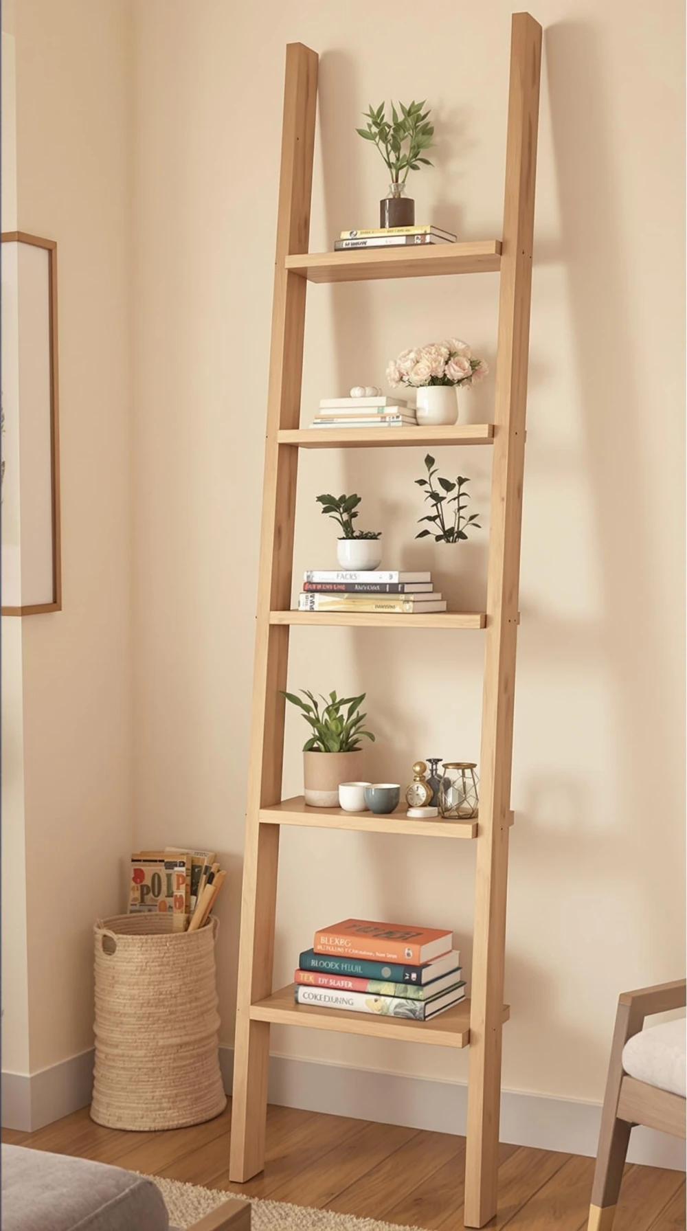 Ladder Bookshelf with Open Shelves