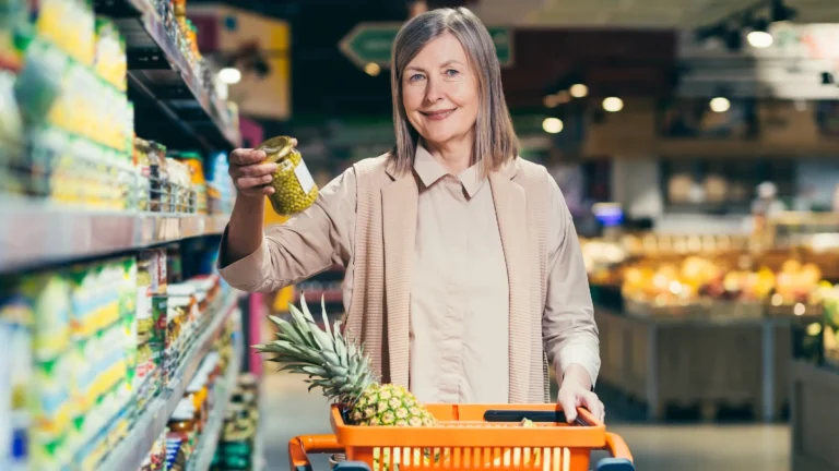 Portrait of a senior gray-haired woman in a supermarket