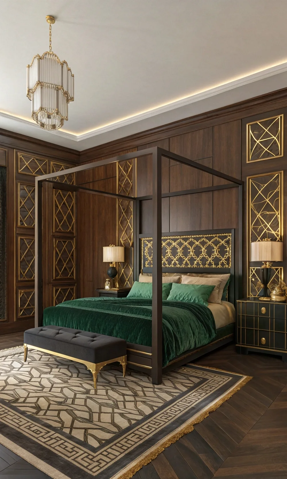 Art Deco-Inspired Dark Wood Bedroom