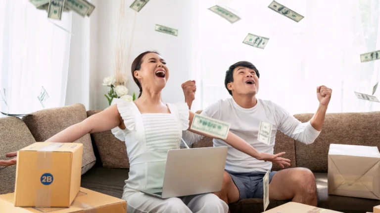 Happy couple success in their owner small business online