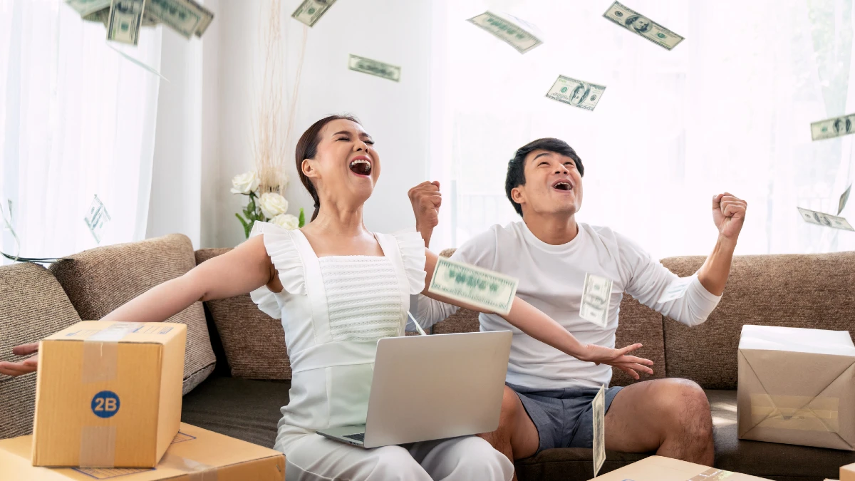 Happy couple success in their owner small business online