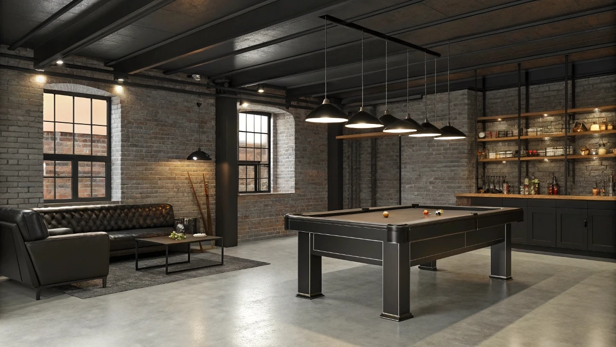 Modern Industrial Man Cave with Bar & Billiards