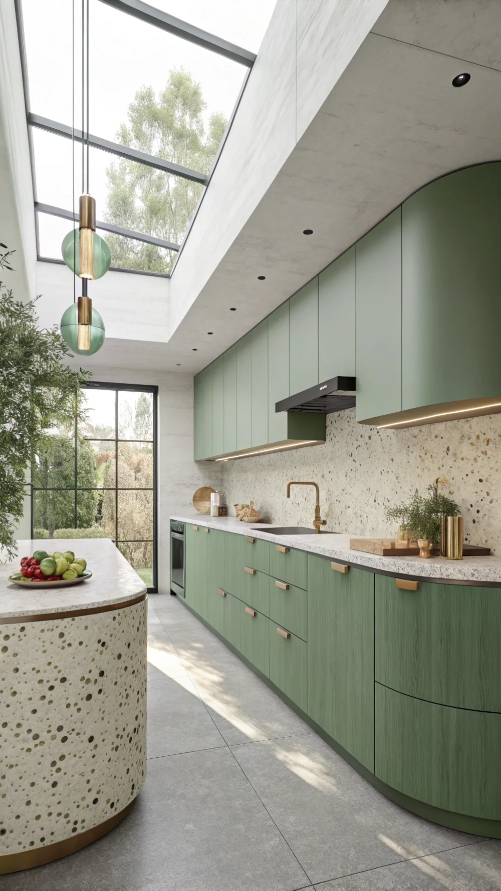 Avocado Green Curved Cabinets with Terrazzo Countertops