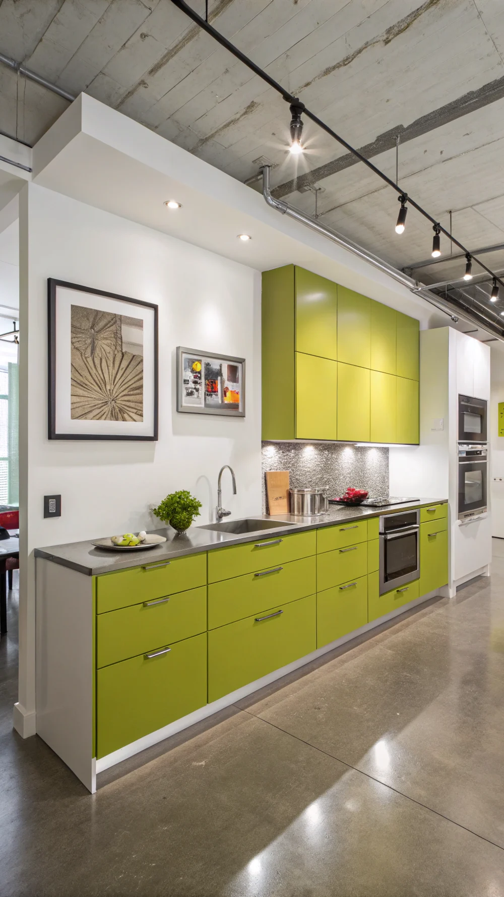 Chartreuse Green Asymmetrical Cabinet Layout