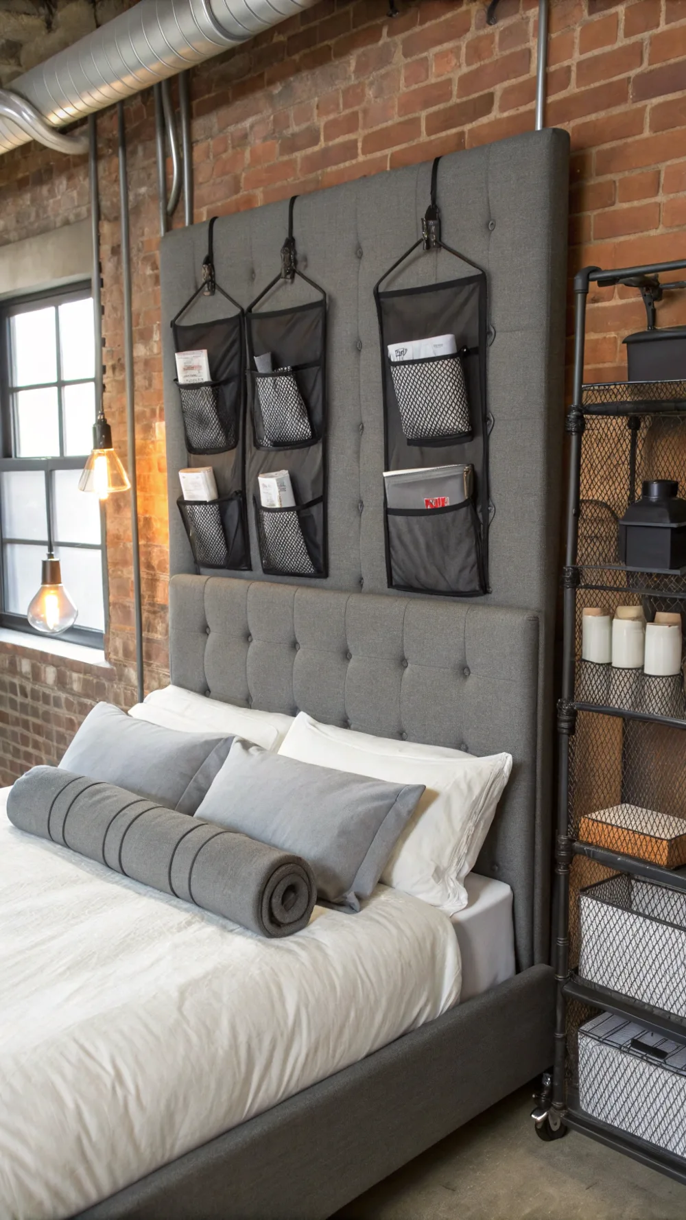 Hanging Mesh Pocket Organizers Behind Headboard