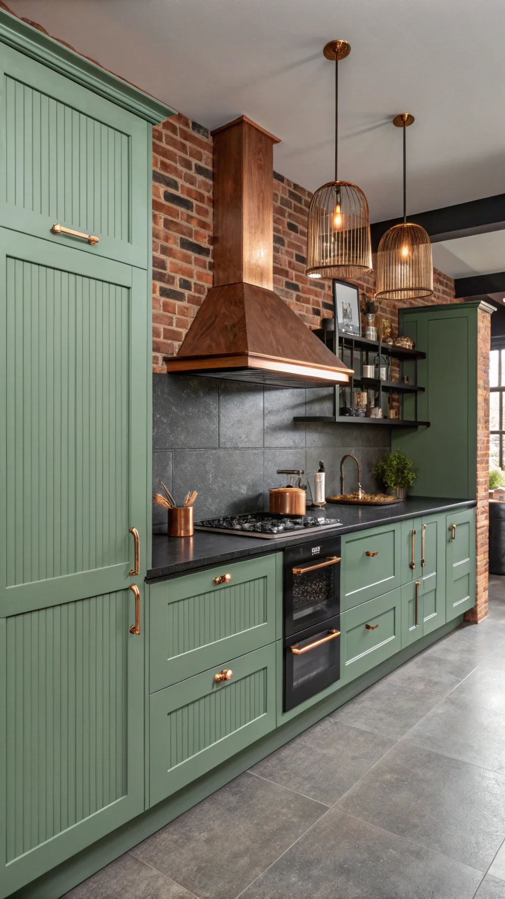 Jade Green Fluted Cabinet Doors with Copper Accents