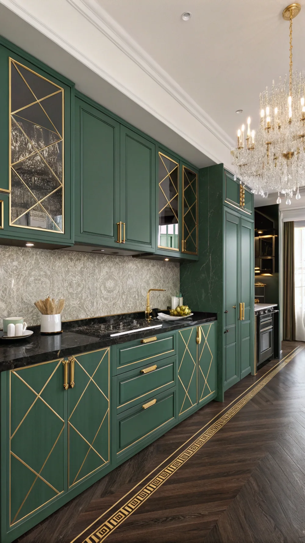 Malachite Green Lacquered Cabinets with Geometric Patterns