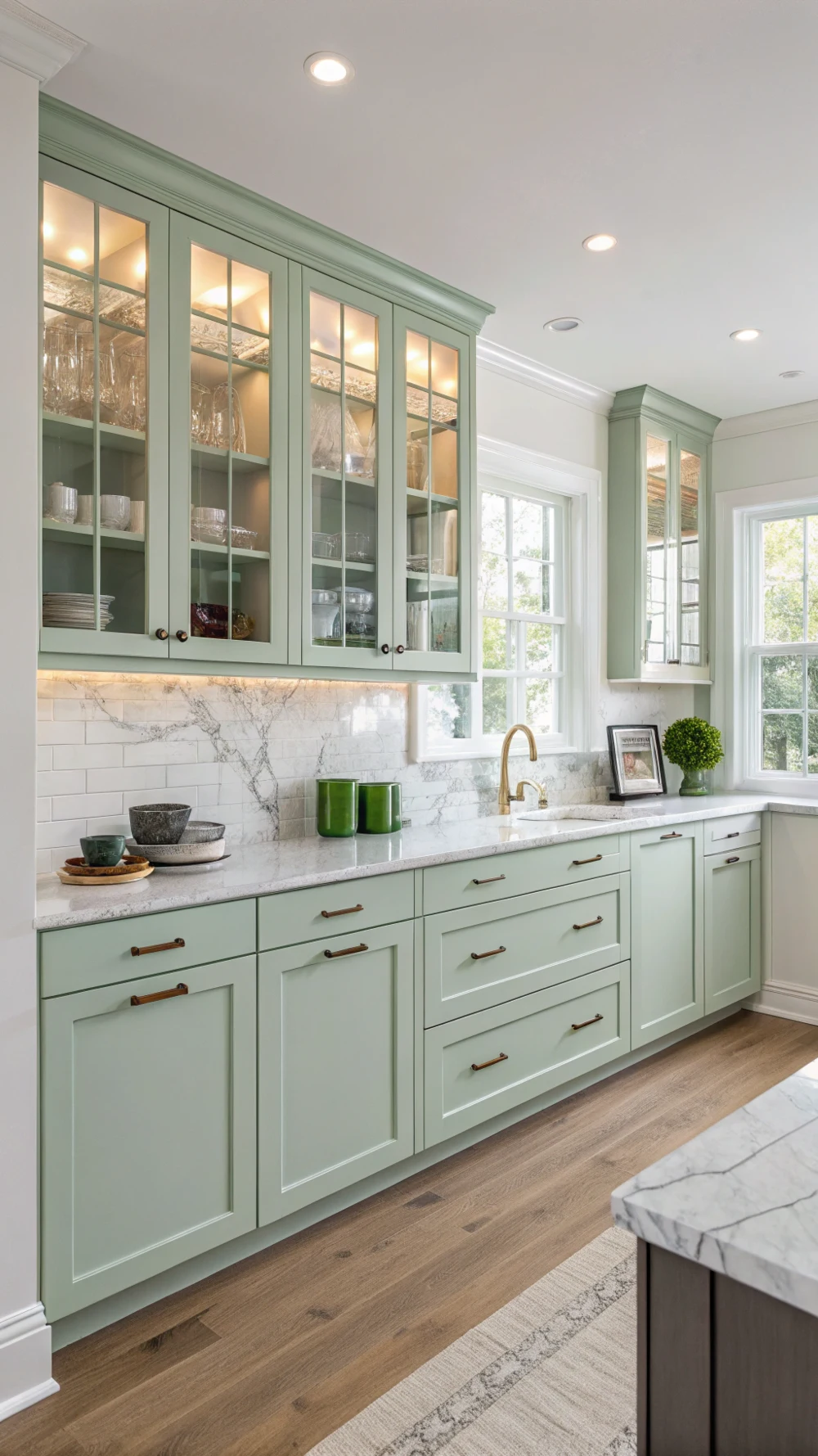 Pistachio Green Glass-Front Upper Cabinets