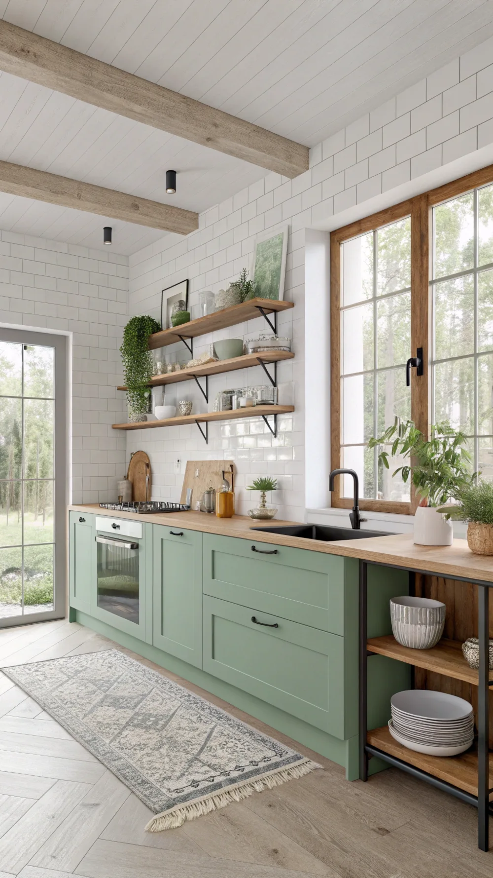 Sage Green Open Shelving Kitchen