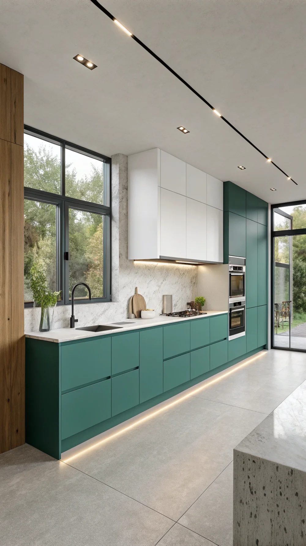 Teal Green Handleless Push-Touch Cabinets