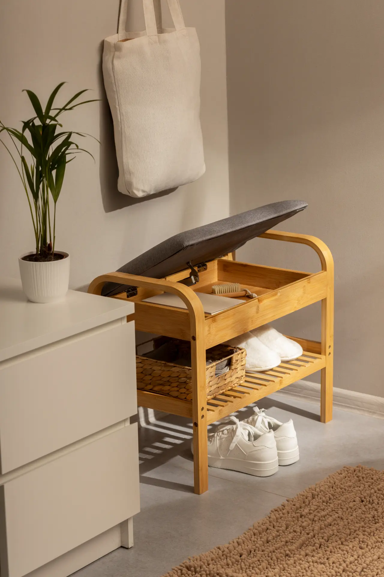 Multi-Function Bamboo Storage Bench with Lift-Top Seat