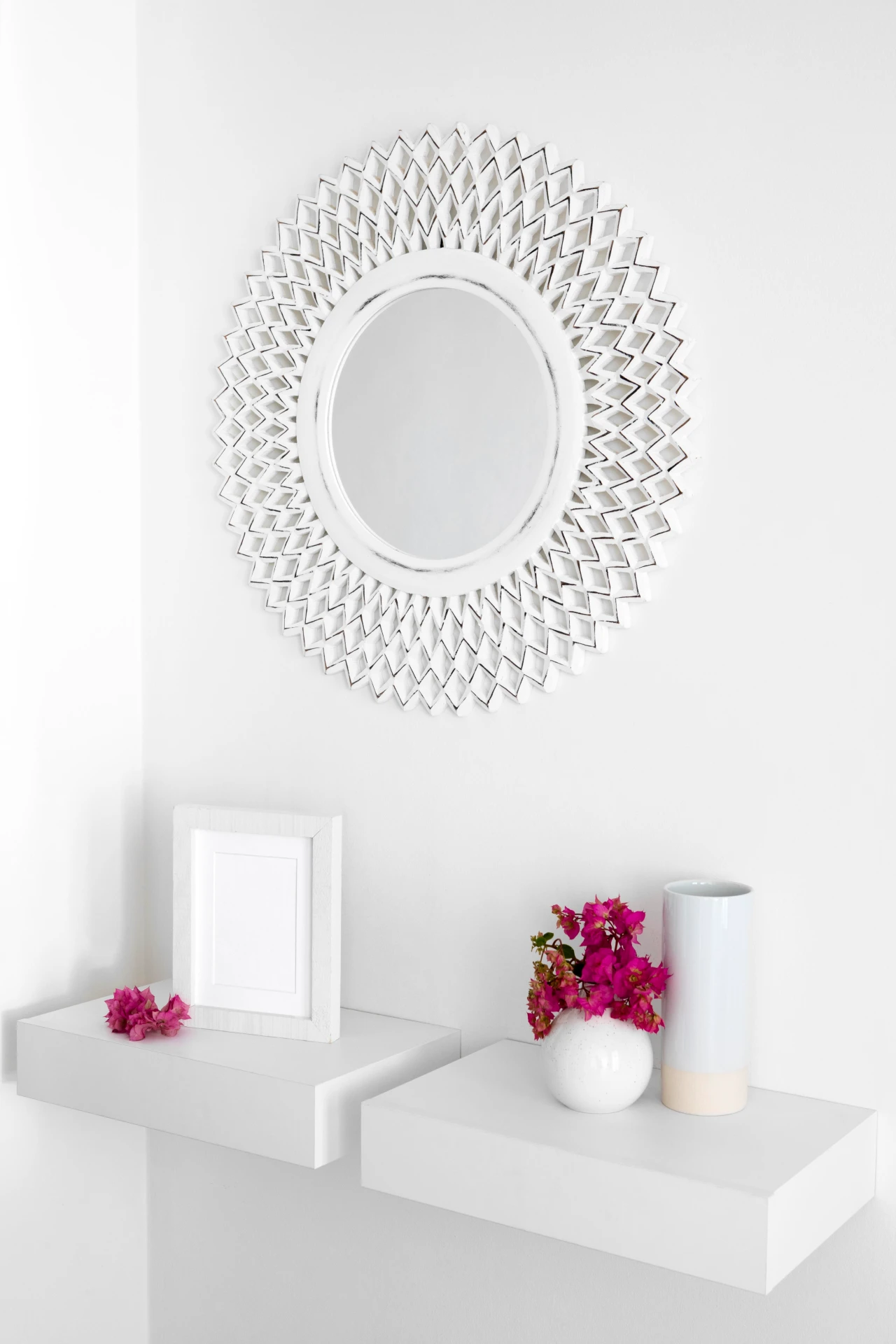 Sunburst Starburst Mirror with Geometric White Frame
