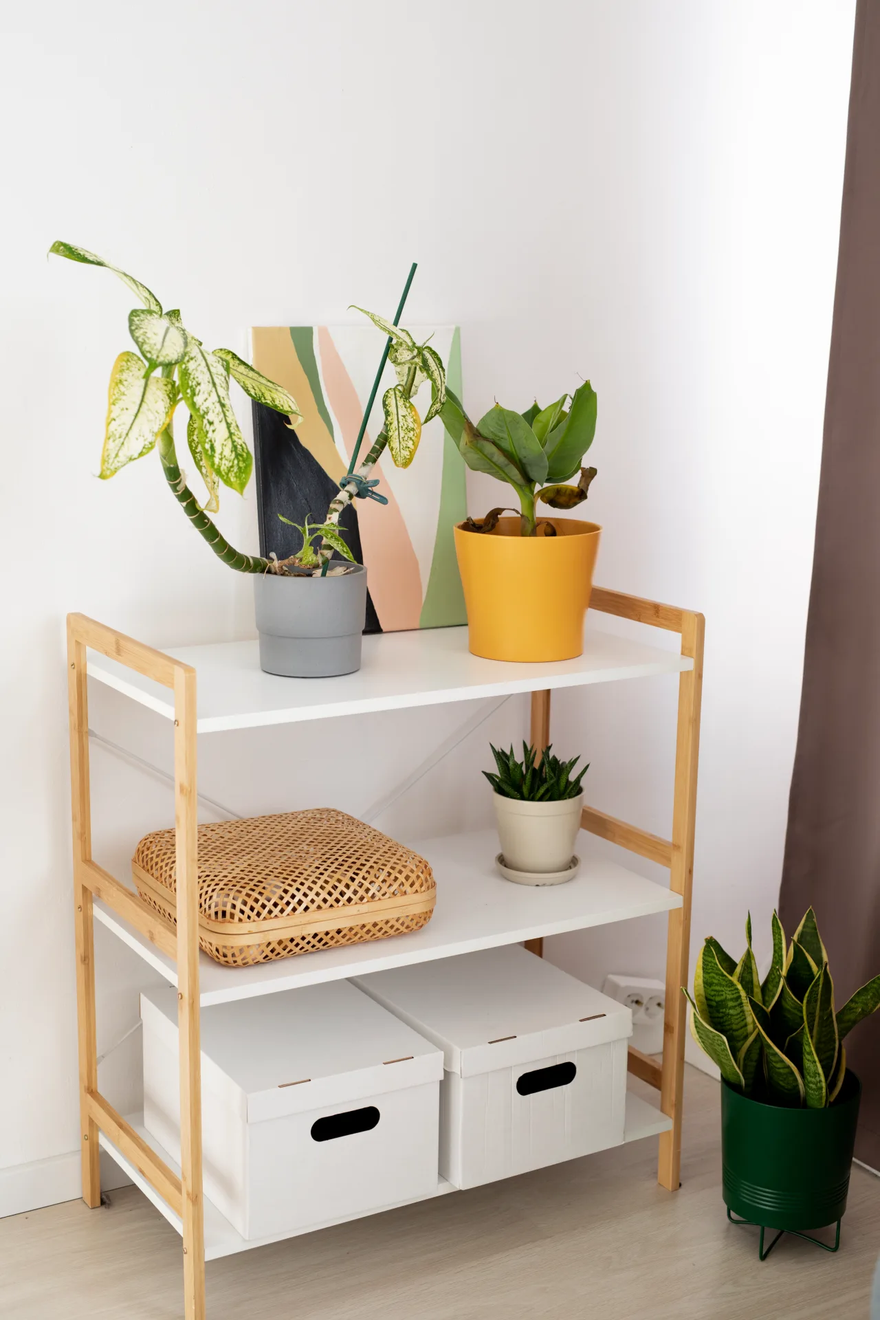Three-Tier Wooden Frame Display Shelf with Mixed Storage Options