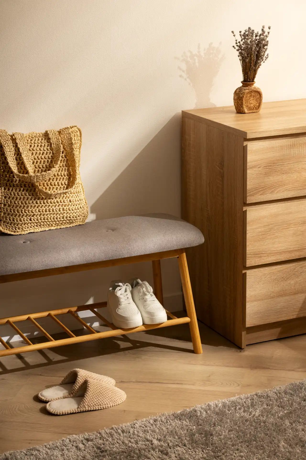 Upholstered Storage Bench with Integrated Shoe Rack Base
